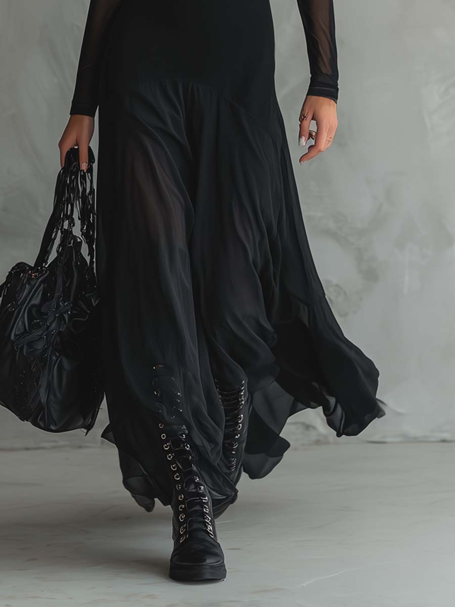 HANNAH - RETRO SHEER SLEEVES MAXI DRESS