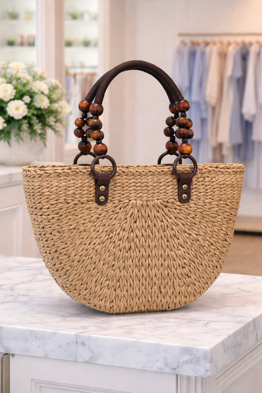 Elara™ | Handwoven Straw Tote with Beaded Handles