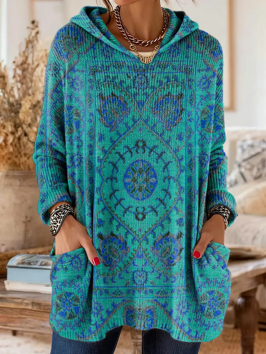 Annie - Retro Ethnic Print Hooded Knit Tunic with Pockets