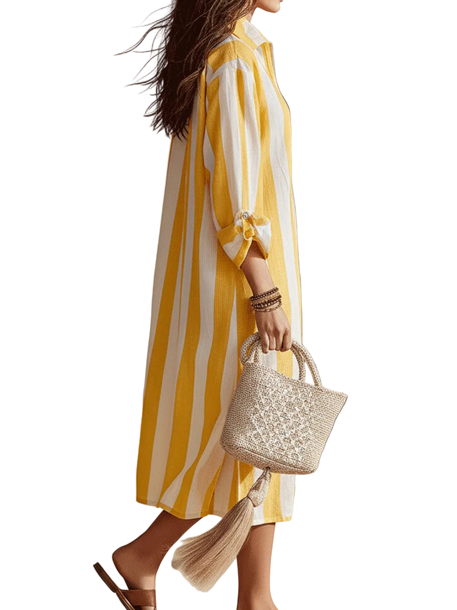 ASHLEY - RELAXED STRIPED RESORT YELLOW & WHITE STRIPE MIDI DRESS