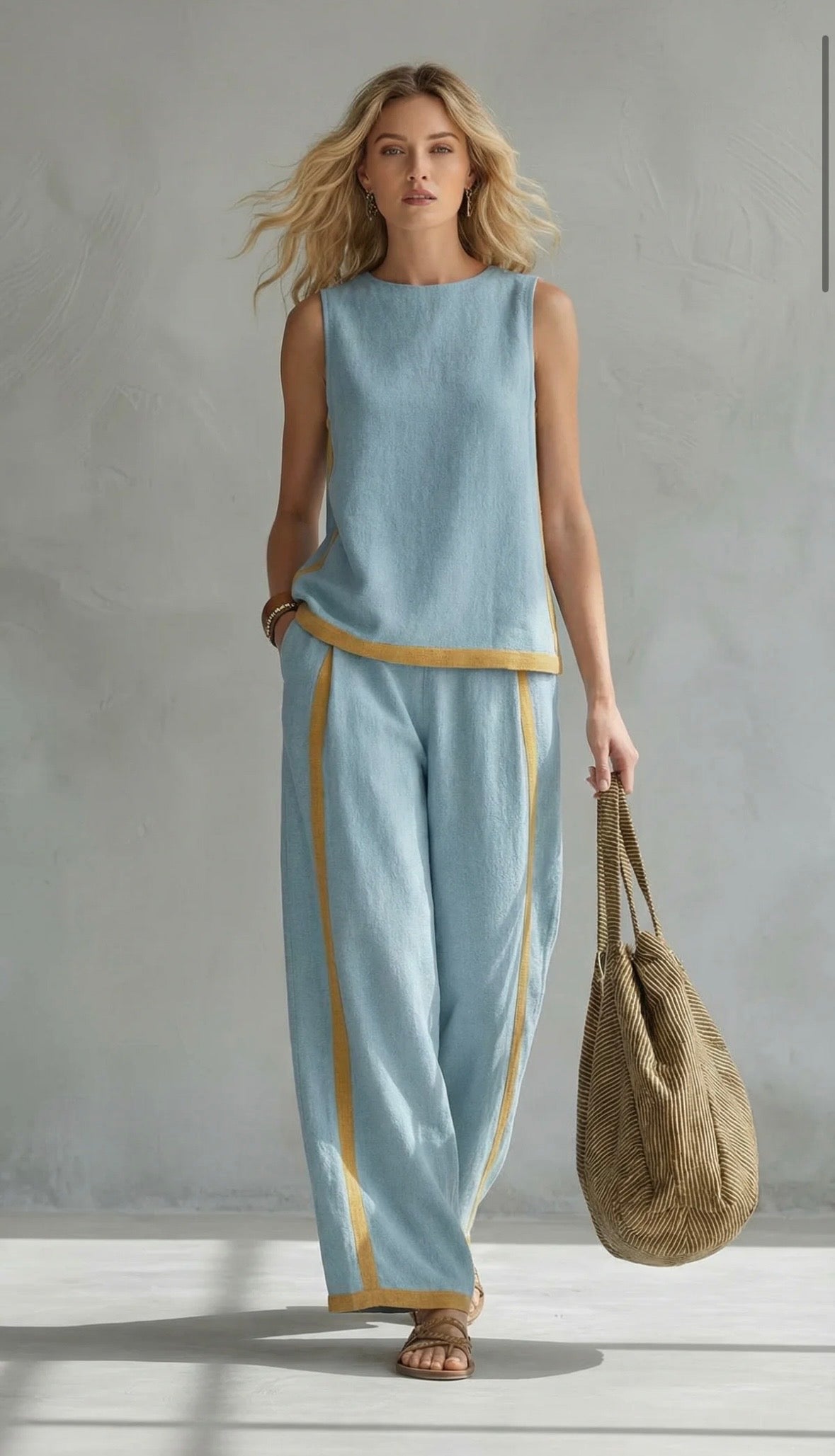 Leila - Elegante y casual conjunto de chaleco y pantalones de algodón y lino gris con ribetes en dos tonos.