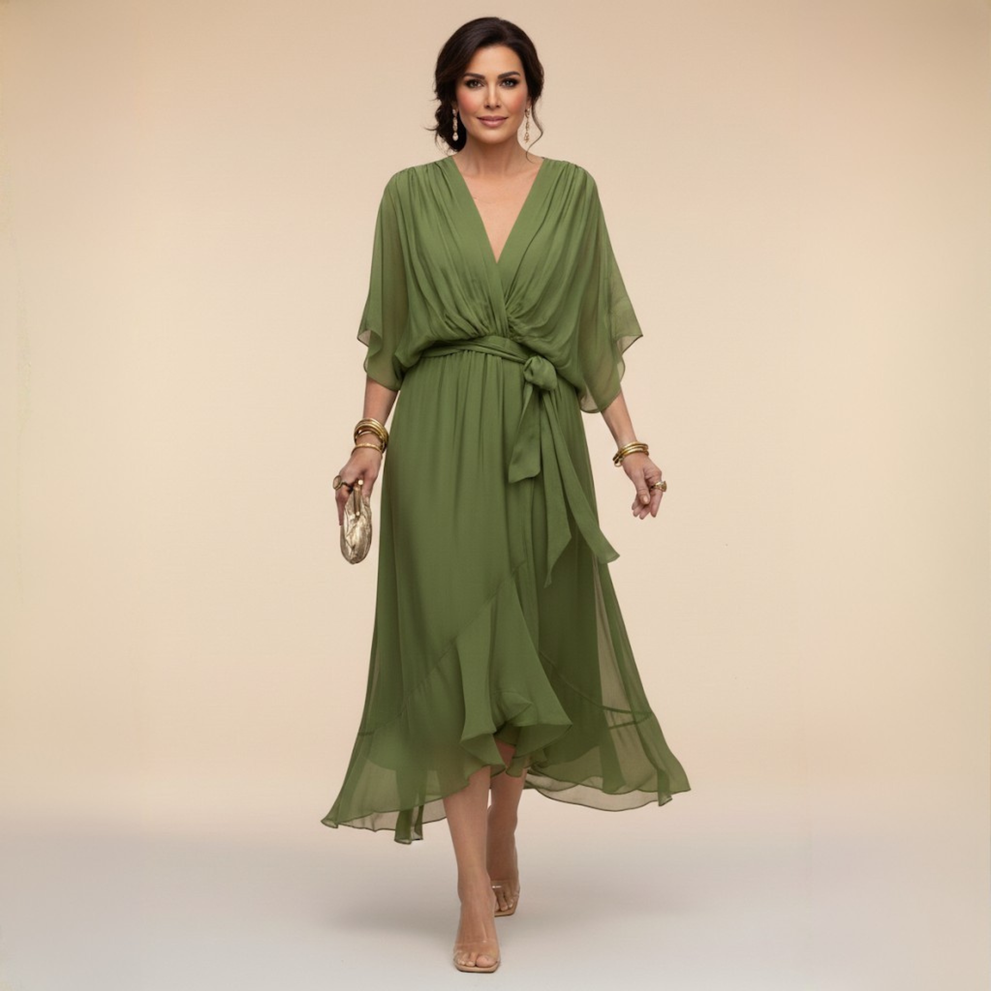 v neck chiffon dress vestidos Vintage Ivory Chiffon a line dress bride with V-Neck, Sleeves, Pleats, Open Back, and Sweep Train