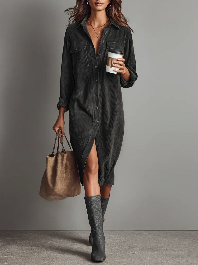 CHEY - CORDUROY SHIRT MIDI DRESS - EFFORTLESS STYLE FOR EVERYDAY WEAR