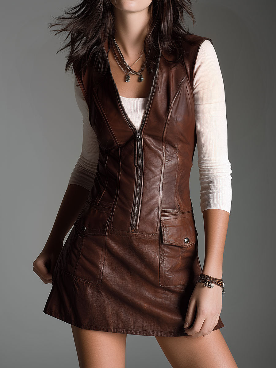 CHLOE - CHOCOLATE BROWN MINI DRESS WITH UTILITY POCKETS