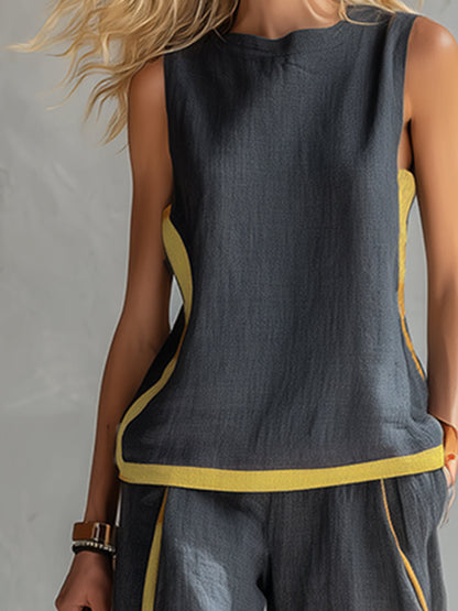 Leila - Elegante y casual conjunto de chaleco y pantalones de algodón y lino gris con ribetes en dos tonos.