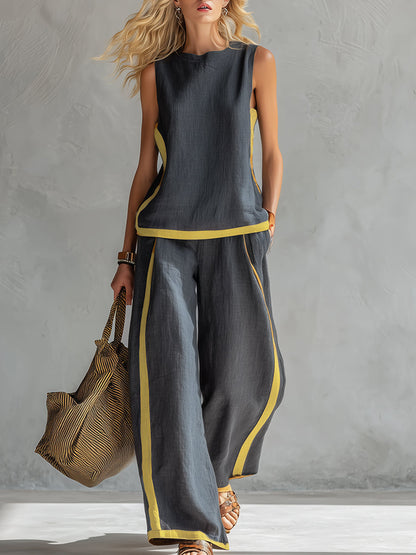 Leila - Elegante y casual conjunto de chaleco y pantalones de algodón y lino gris con ribetes en dos tonos.