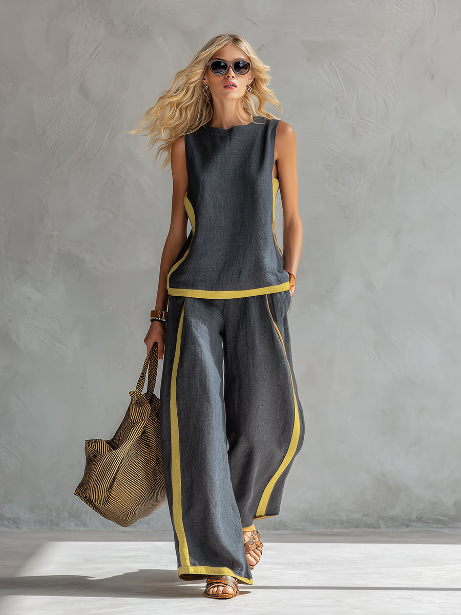 Leila - Elegante y casual conjunto de chaleco y pantalones de algodón y lino gris con ribetes en dos tonos.