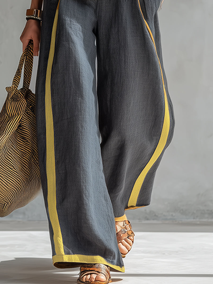 Leila - Elegante y casual conjunto de chaleco y pantalones de algodón y lino gris con ribetes en dos tonos.
