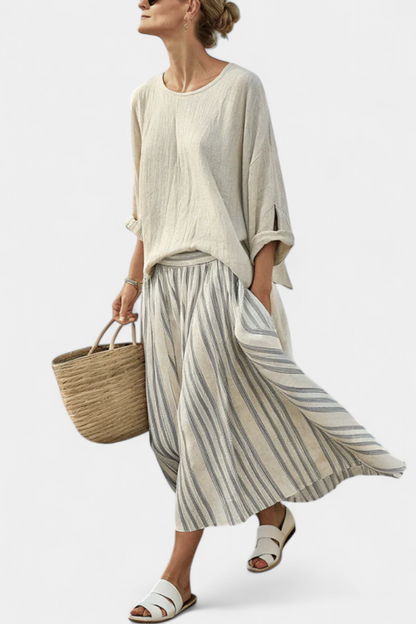Gia – comfortable blouse and striped midi skirt