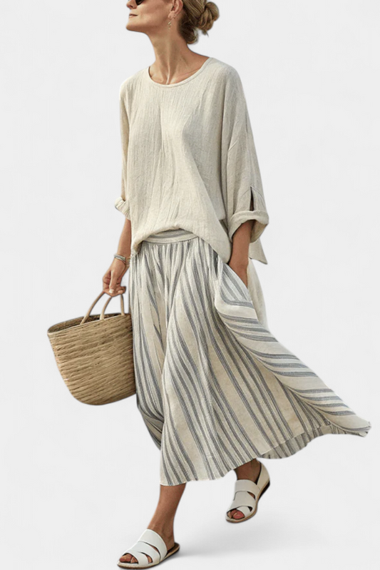 Gia – comfortable blouse and striped midi skirt