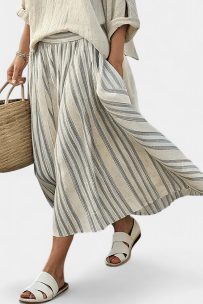 Gia – comfortable blouse and striped midi skirt
