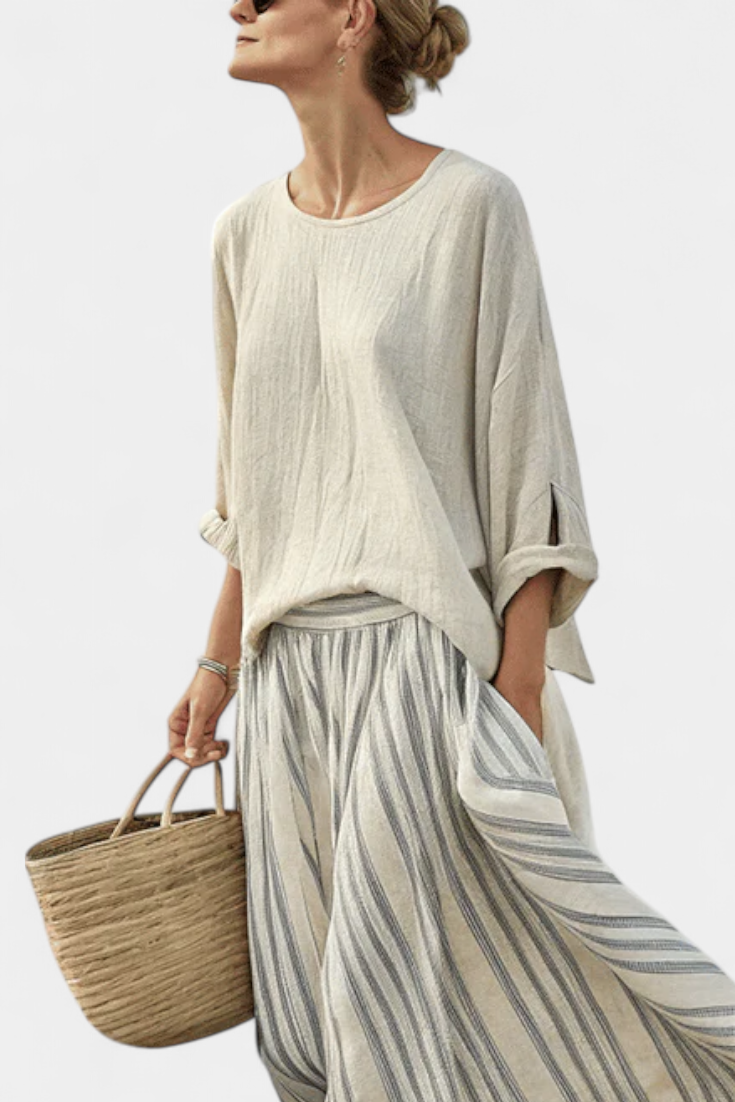 Gia – comfortable blouse and striped midi skirt
