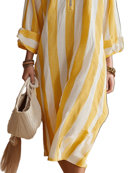 ASHLEY - RELAXED STRIPED RESORT YELLOW & WHITE STRIPE MIDI DRESS