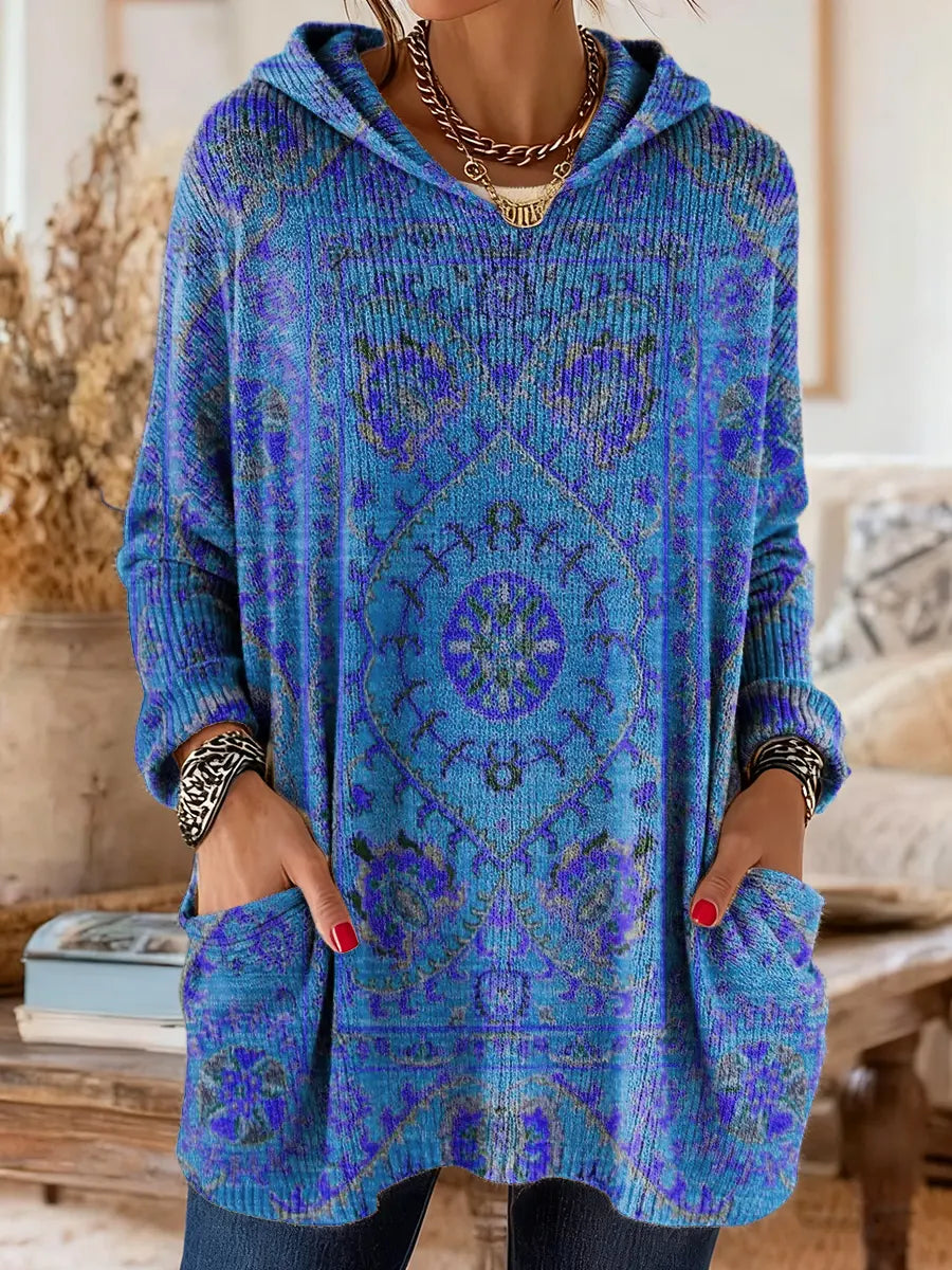 Annie - Retro Ethnic Print Hooded Knit Tunic with Pockets