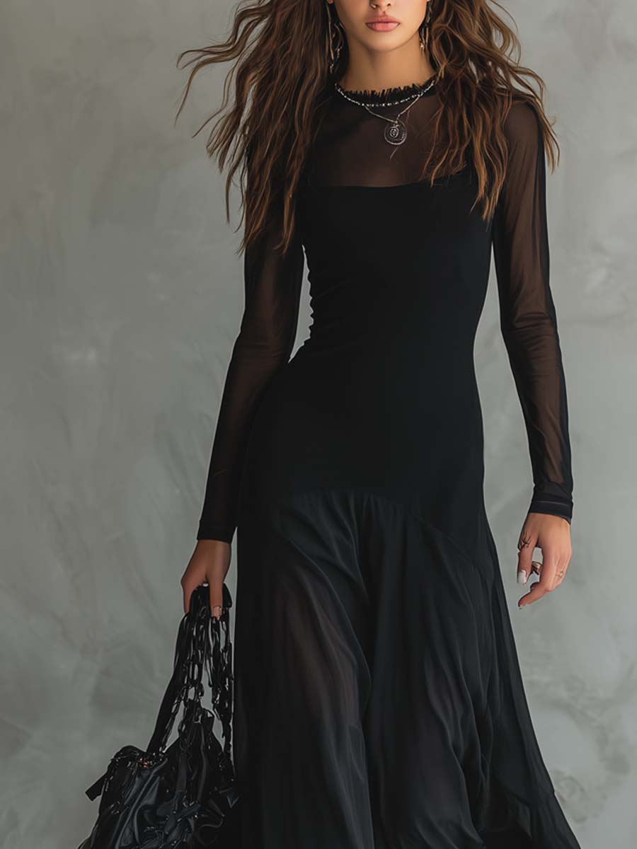 HANNAH - RETRO SHEER SLEEVES MAXI DRESS