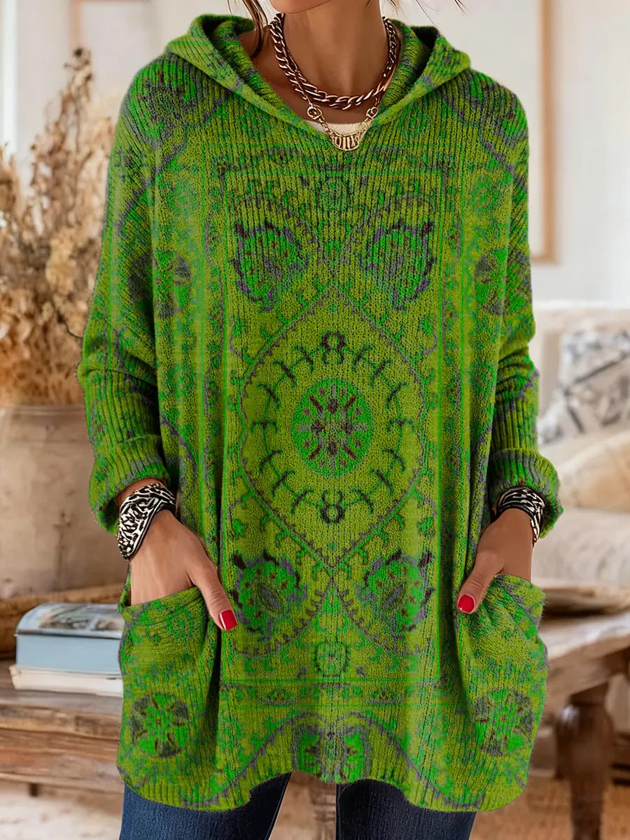 Annie - Retro Ethnic Print Hooded Knit Tunic with Pockets