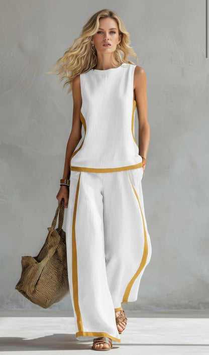 Leila - Elegante y casual conjunto de chaleco y pantalones de algodón y lino gris con ribetes en dos tonos.