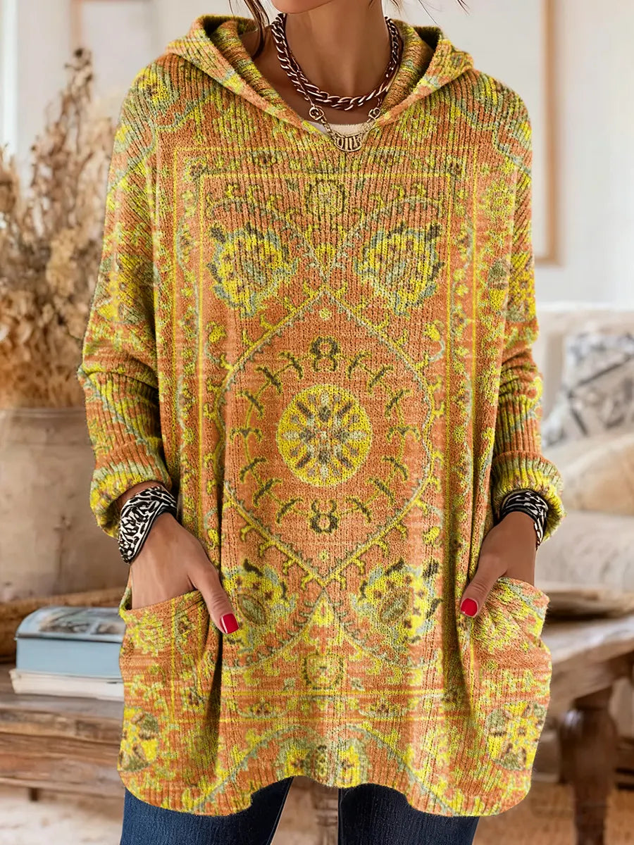 Annie - Retro Ethnic Print Hooded Knit Tunic with Pockets