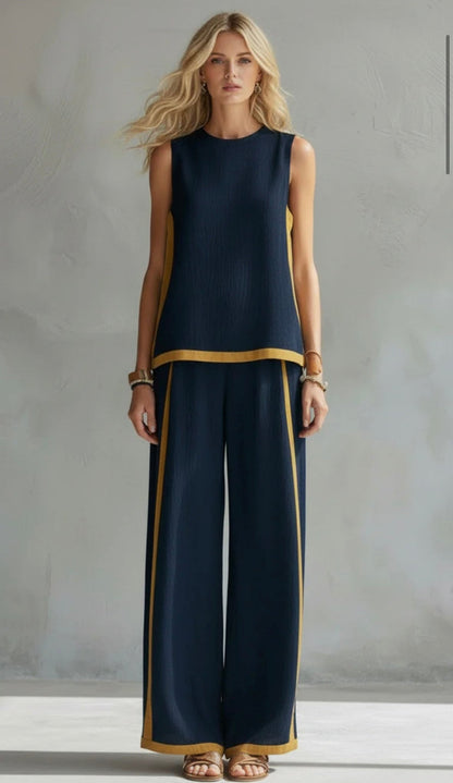Leila - Elegante y casual conjunto de chaleco y pantalones de algodón y lino gris con ribetes en dos tonos.