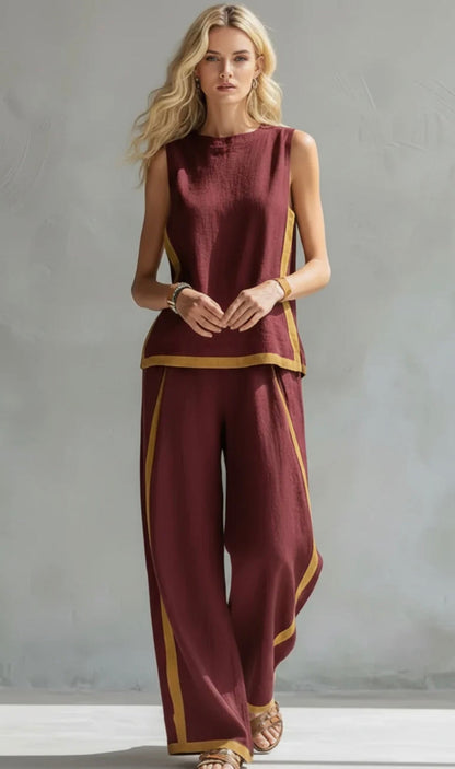 Leila - Elegante y casual conjunto de chaleco y pantalones de algodón y lino gris con ribetes en dos tonos.
