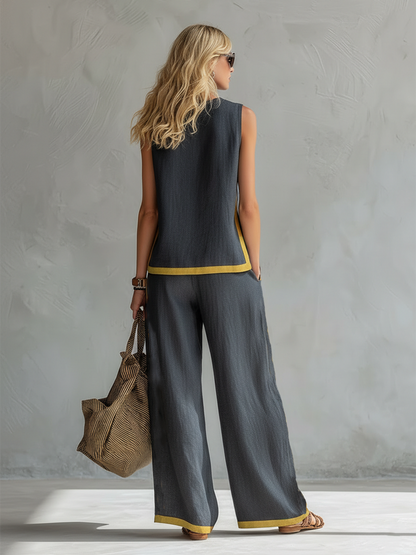 Leila - Elegante y casual conjunto de chaleco y pantalones de algodón y lino gris con ribetes en dos tonos.