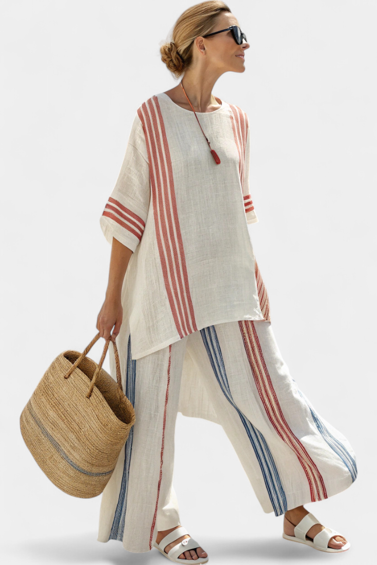 Delilah – Sophisticated Multi-coloured Striped Top and Mediterranean Trousers
