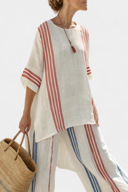 Delilah – Sophisticated Multi-coloured Striped Top and Mediterranean Trousers