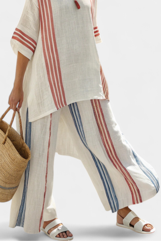 Delilah – Sophisticated Multi-coloured Striped Top and Mediterranean Trousers