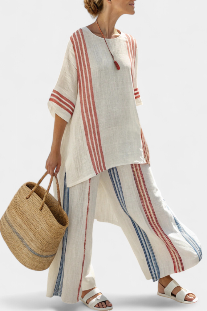 Delilah – Sophisticated Multi-coloured Striped Top and Mediterranean Trousers