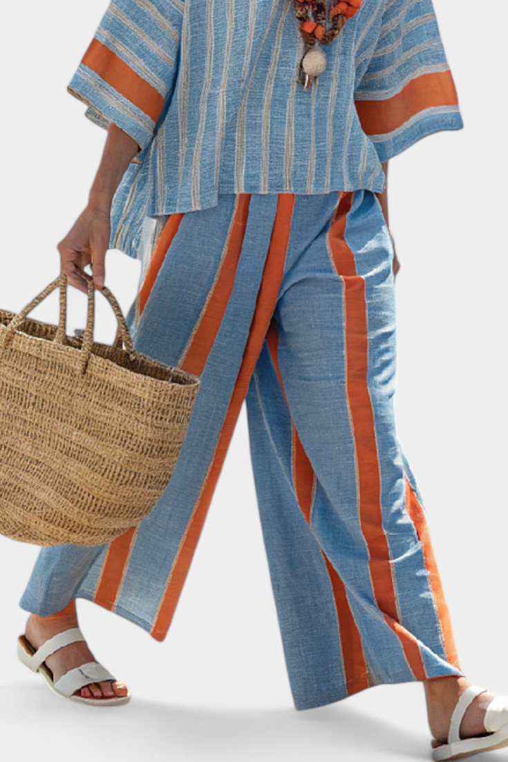Aurora – Sophisticated Terracotta Striped Top and Linen Trousers