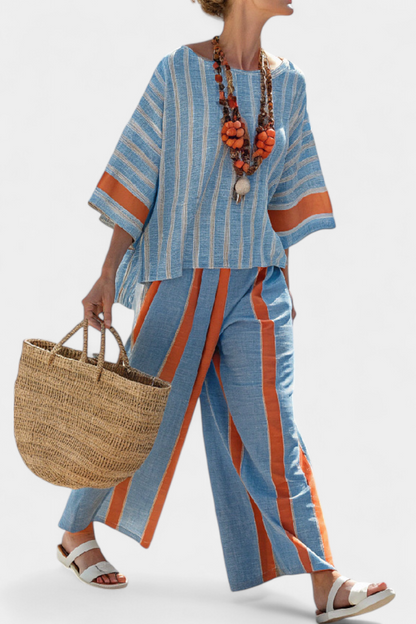 Aurora – Sophisticated Terracotta Striped Top and Linen Trousers