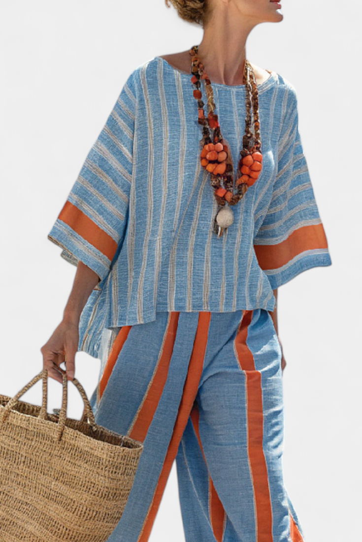 Aurora – Sophisticated Terracotta Striped Top and Linen Trousers
