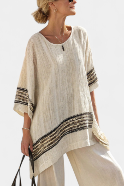 Aubrey – Elegant Black Striped Linen Top and Flowing Trousers