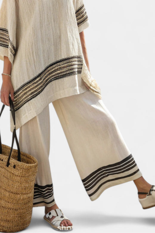 Aubrey – Elegant Black Striped Linen Top and Flowing Trousers