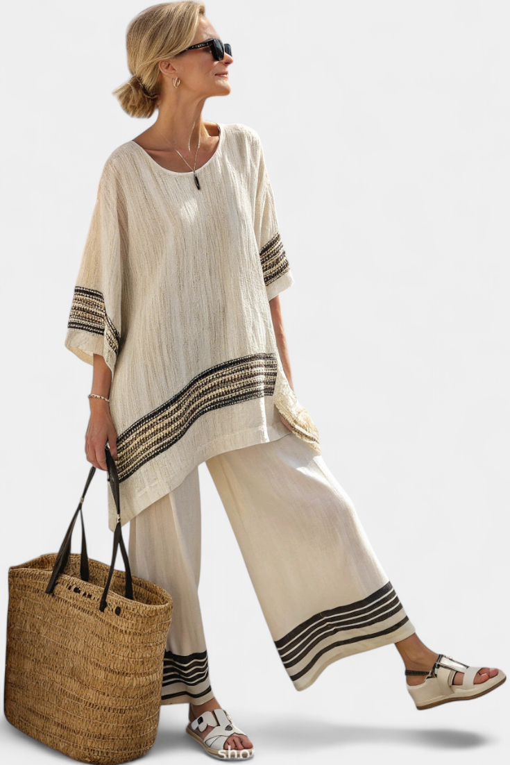 Aubrey – Elegant Black Striped Linen Top and Flowing Trousers