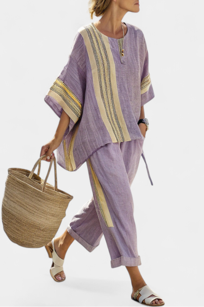 Abigail – Elegant Lavender Top and Mustard Striped Trousers
