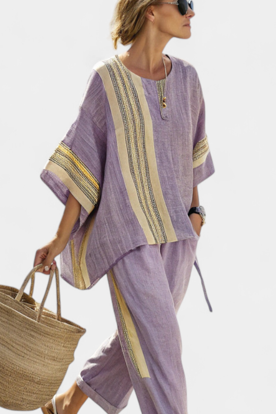 Abigail – Elegant Lavender Top and Mustard Striped Trousers