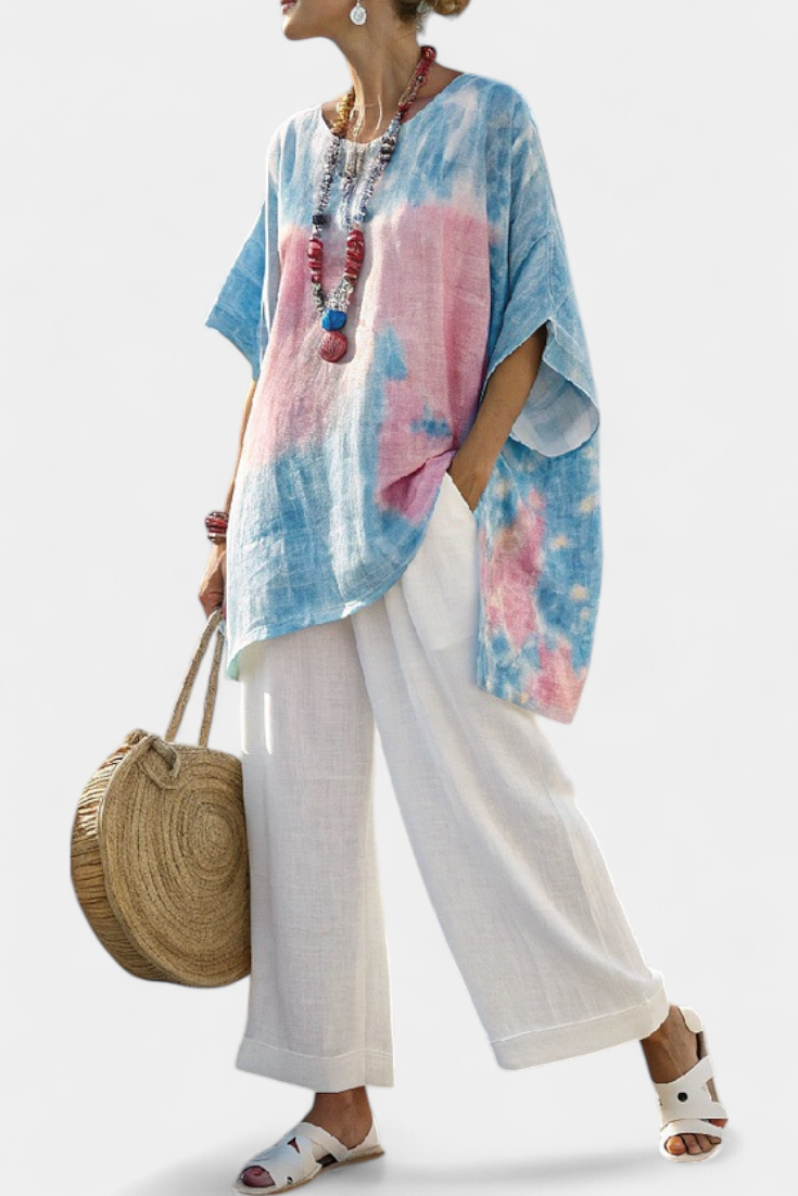 Rose – Comfortable Basic Linen Top and Striped Bamboo Trousers