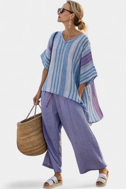Hazel – Elegant Lavender and Sky Blue Top and Linen Trousers