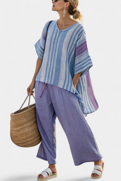Hazel – Elegant Lavender and Sky Blue Top and Linen Trousers