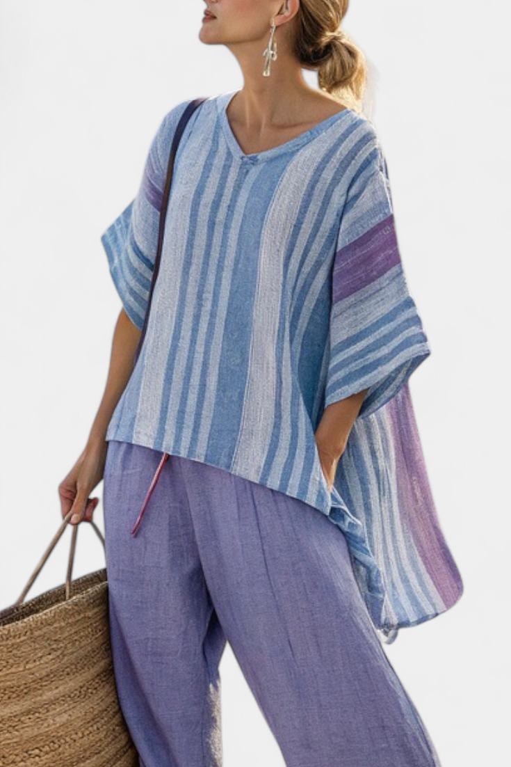 Hazel – Elegant Lavender and Sky Blue Top and Linen Trousers