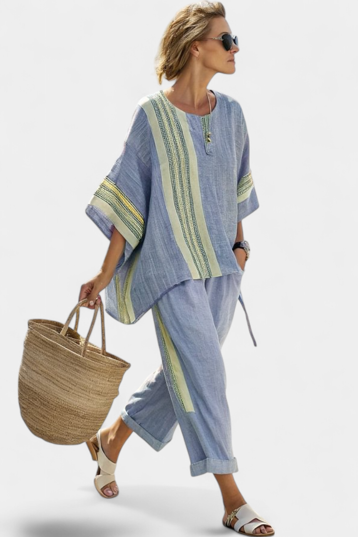 Abigail – Elegant Lavender Top and Mustard Striped Trousers