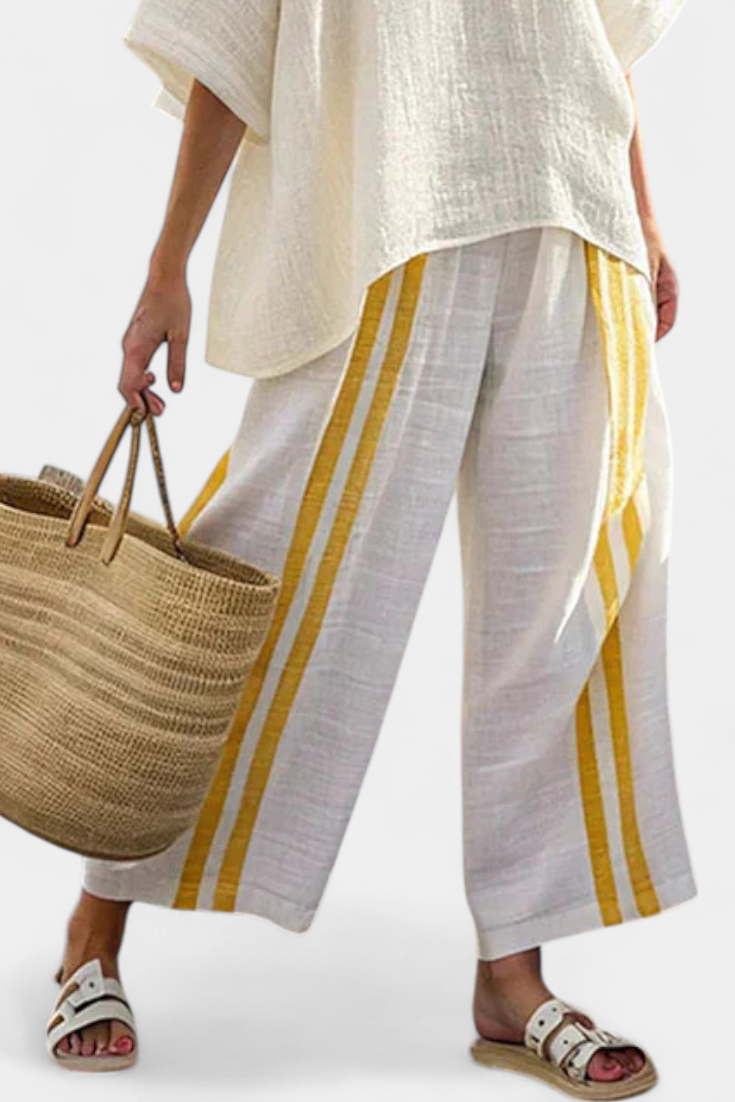 Noémie – Elegant Yellow Striped Linen Top and Wide Leg Trousers