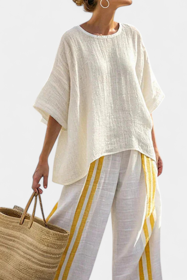 Noémie – Elegant Yellow Striped Linen Top and Wide Leg Trousers