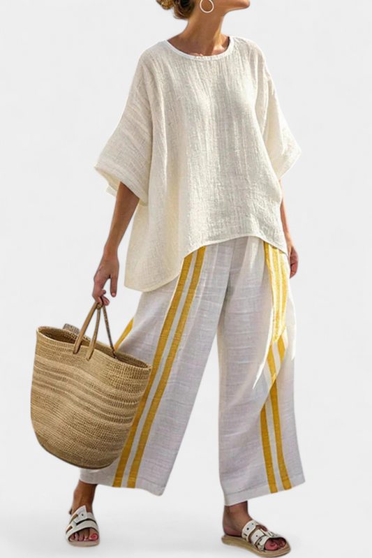 Noémie – Elegant Yellow Striped Linen Top and Wide Leg Trousers