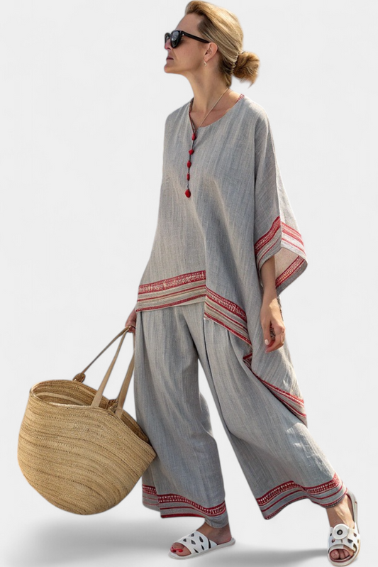 Claire – Sophisticated Asymmetric Blouse and Ethnic Wide-leg Trousers