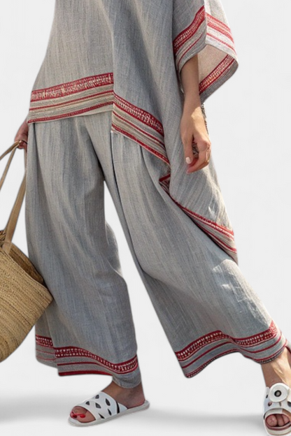 Claire – Sophisticated Asymmetric Blouse and Ethnic Wide-leg Trousers