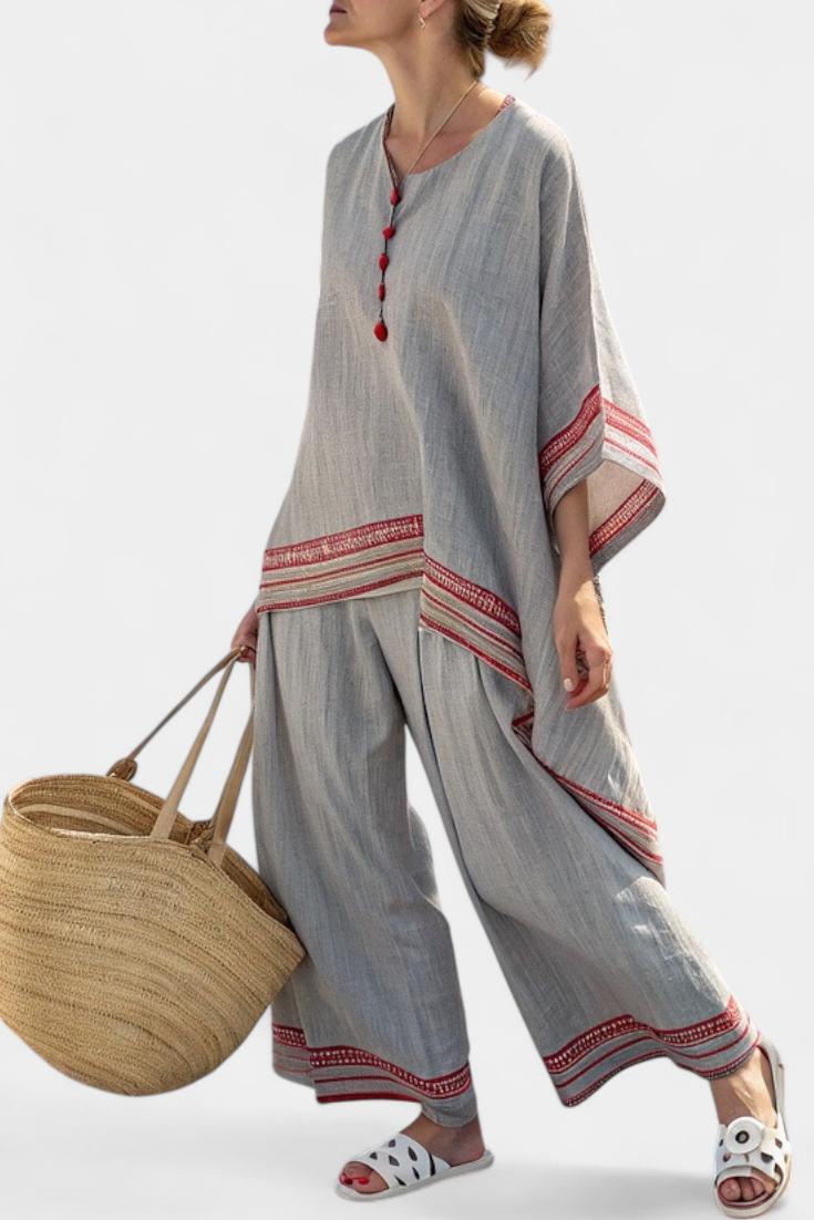 Claire – Sophisticated Asymmetric Blouse and Ethnic Wide-leg Trousers