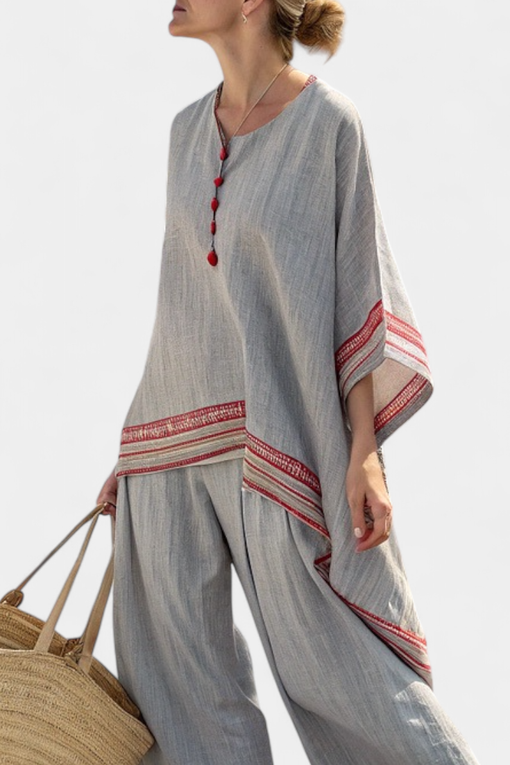 Claire – Sophisticated Asymmetric Blouse and Ethnic Wide-leg Trousers