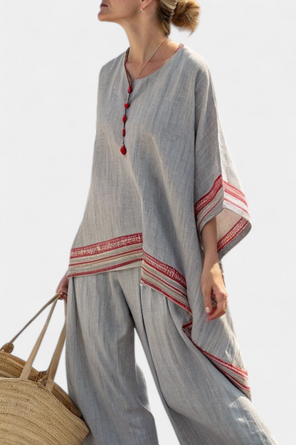 Claire – Sophisticated Asymmetric Blouse and Ethnic Wide-leg Trousers